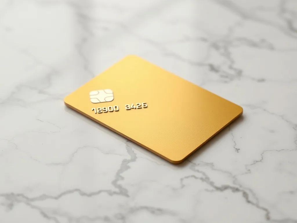 Close up of a metallic gold credit card on a white marble su