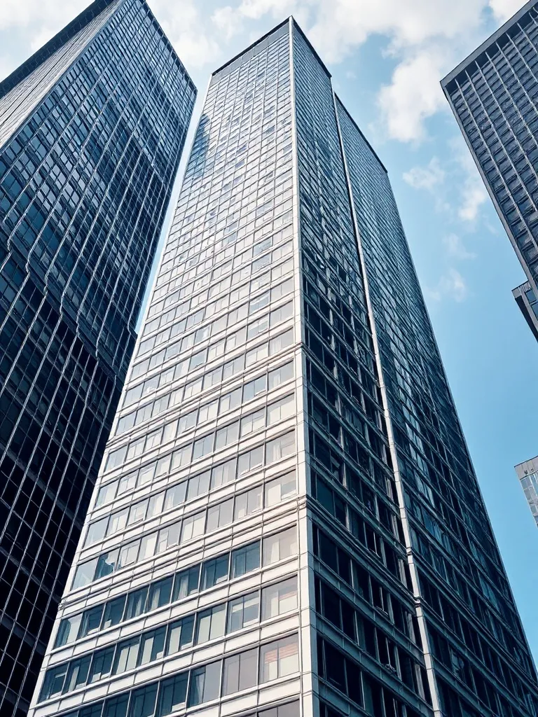 High-angle shot of a modern financial district skyscraper in