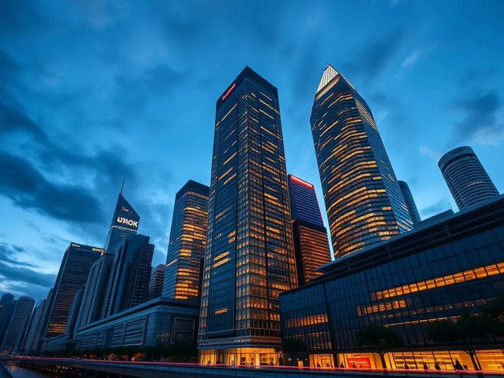 Wide angle cinematic view of Singapore financial district sk